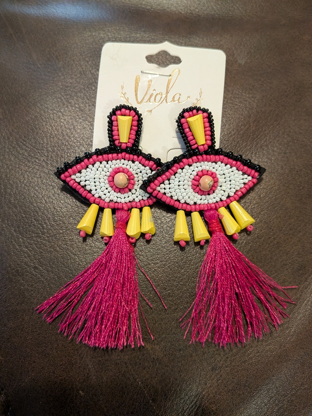Fuchsia Beaded Eye Tassel Statement Earrings